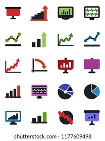 Color and black flat icon set - growth statistic vector, presentation board, crisis graph, monitor pulse, statistics, bar, pie, point