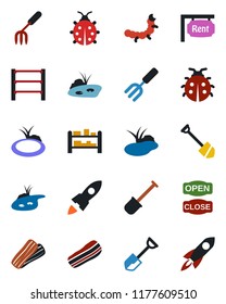 Color and black flat icon set - job vector, garden fork, shovel, lady bug, caterpillar, pond, rack, rent, bacon, open close, rocket