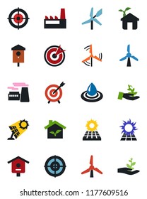 Color and black flat icon set - factory vector, bird house, target, sun panel, windmill, eco, water, palm sproute