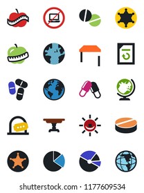 Color and black flat icon set - no laptop vector, ticket office, globe, document reload, pills, diet, earth, pie graph, table, police, alarm led