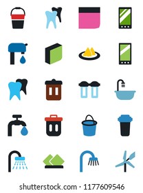 Color and black flat icon set - shower vector, bucket, tooth, mobile, blank box, water supply, bathroom, serviette, filter, trash bin, windmill