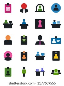 Color and black flat icon set - female vector, reception, manager, identity card, place, patient, user, desk, estate agent, pass, group