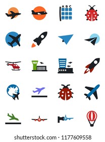 Color and black flat icon set - plane vector, departure, arrival, boarding, helicopter, seat map, globe, airport building, lady bug, rocket, paper, air balloon