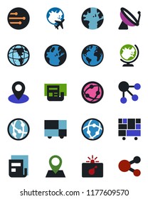 Color and black flat icon set - satellite antenna vector, bomb in case, globe, plane, earth, pin, consolidated cargo, network, news, social media