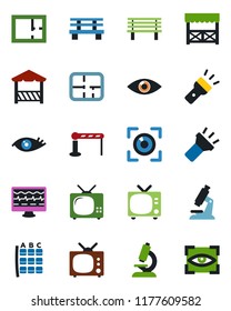 Color and black flat icon set - barrier vector, tv, seat map, bench, monitor pulse, microscope, eye, torch, plan, alcove, scan