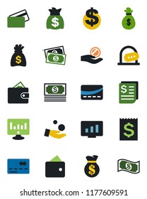 Color and black flat icon set - credit card vector, ticket office, dollar sign, money bag, statistic monitor, cash, receipt, wallet, investment