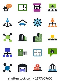 Color and black flat icon set - hierarchy vector, well, molecule, hospital, office building, garage, plan, home message