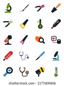 Color and black flat icon set - trowel vector, pruner, saw, stethoscope, blood pressure, thermometer, heart diagnostic, microscope, scalpel, microphone
