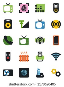 Color and black flat icon set - tv vector, printer, equalizer, remote control, radio phone, speaker, back, call, wireless, fingerprint id, cellular signal, heater, air conditioner, gear