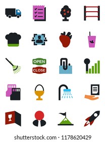 Color and black flat icon set - shower vector, document, rake, real heart, car delivery, rack, sd, cellular signal, paper clip, hr, checklist, fruit tree, estate agent, cook hat, wine card, rocket