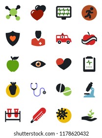 Color and black flat icon set - monitor pulse vector, stethoscope, blood test vial, thermometer, microscope, pills, ambulance car, run, heart shield, real, eye, clipboard, diet, doctor, virus