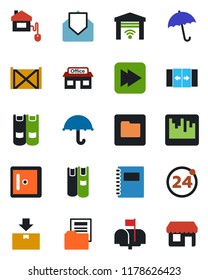 Color and black flat icon set - 24 around vector, automatic door, umbrella, checkroom, book, store, container, package, mail, fast forward, scanner, folder, copybook, document, mailbox, home control