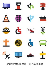 Color and black flat icon set - airport tower vector, plane radar, taxi, bus, signpost, alarm car, border cone, helicopter, disabled, route, traffic light, truck trailer, guidepost