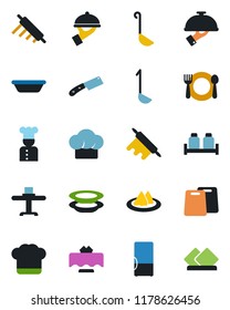 Color and black flat icon set - fridge vector, cook, restaurant table, serviette, cafe, hat, plates, waiter, salt and pepper, ladle, bowl, rolling pin, cutting board, knife
