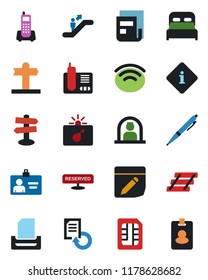 Color and black flat icon set - escalator vector, bomb in case, reception, identity card, document reload, signpost, office phone, radio, sim, notes, wireless, news, paper tray, pen, bedroom, pass