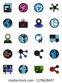 Color and black flat icon set - bomb in case vector, plane globe, earth, pin, consolidated cargo, network, share, news, social media