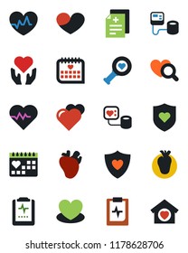 Color and black flat icon set - heart vector, pulse, diagnosis, blood pressure, diagnostic, shield, hand, real, medical calendar, clipboard, sweet home