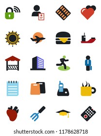 Color and black flat icon set - sun vector, office building, graduate, notepad, garden fork, heart, pills blister, run, real, patient, plane, sea shipping, radio phone, manager, coffee, alcove
