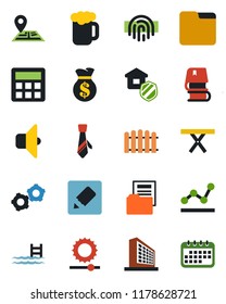 Color and black flat icon set - gear vector, office building, fence, picnic table, navigation, calculator, folder, notes, brightness, fingerprint id, document, point graph, tie, book, pool, beer