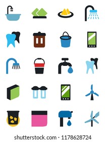 Color and black flat icon set - trash bin vector, shower, bucket, tooth, mobile, blank box, water supply, bathroom, serviette, filter, windmill