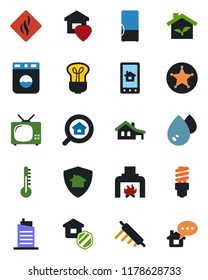 Color and black flat icon set - house with garage vector, estate search, sweet home, fireplace, fridge, tv, city, insurance, rolling pin, eco, control app, water, washer, smoke detector, thermometer