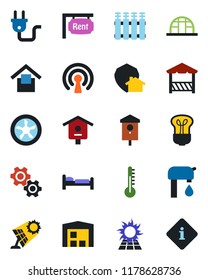 Color and black flat icon set - bed vector, greenhouse, bird house, warehouse storage, water supply, rent, alcove, power plug, fan, wireless, gear, thermometer, radiator, bulb, home protect