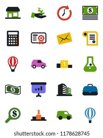 Color and black flat icon set - palm sproute vector, clock, money search, flask, cash, case, calculator, car, certificate, mail, pedestal, presentation, contract, storefront, office building