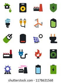 Color and black flat icon set - factory vector, fire, speaker, battery, low, rca, protect, sun panel, windmill, home control, power plug, energy saving bulb