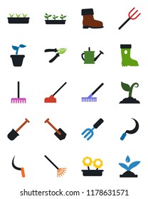 Color and black flat icon set - job vector, garden fork, shovel, farm, rake, seedling, watering can, sproute, pruner, boot, hoe, sickle, flower in pot, irrigation