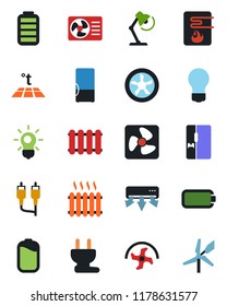 Color and black flat icon set - bulb vector, ripper, battery, rca, desk lamp, heater, fridge, power plug, fan, water, air conditioner, radiator, warm floor, windmill