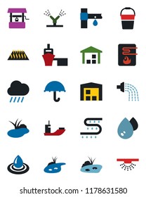 Color and black flat icon set - bucket vector, watering, rain, well, pond, drip irrigation, sea shipping, port, umbrella, warehouse, water heater, warm floor, sprinkler