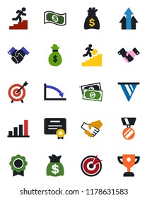 Color and black flat icon set - handshake vector, medal, money bag, cash, sertificate, bar graph, career ladder, target, arrow up, pennon, crisis, certificate, award cup