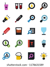 Color and black flat icon set - document search vector, blood test vial, thermometer, heart diagnostic, fragile, cargo, torch, client, wine card, drink, phyto bar, beer, energy saving bulb, consumer