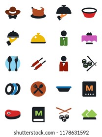 Color and black flat icon set - spoon and fork vector, waiter, dish, restaurant table, cafe, menu, plates, dress code, chicken, steak, kebab, bowl, sushi, serviette