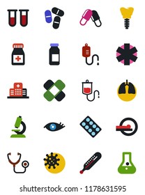 Color and black flat icon set - stethoscope vector, blood test vial, dropper, thermometer, microscope, pills, bottle, blister, ampoule, patch, tomography, ambulance star, lungs, implant, eye, virus
