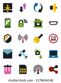 Color and black flat icon set - antenna vector, no laptop, trash bin, shield, satellite, pc, mobile, update, mail, sim, data exchange, download, house, key, hot dog, home control, wireless lock