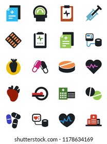 Color and black flat icon set - heart pulse vector, diagnosis, syringe, blood pressure, pills, blister, tomography, real, clipboard, hospital