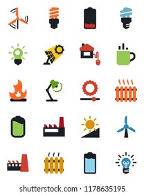 Color and black flat icon set - hot cup vector, fire, battery, low, brightness, desk lamp, windmill, heater, factory, home control, bulb, energy saving, sun panel, idea