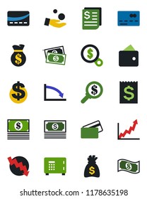 Color and black flat icon set - credit card vector, safe, dollar sign, money bag, crisis graph, cash, receipt, wallet, growth, search, investment