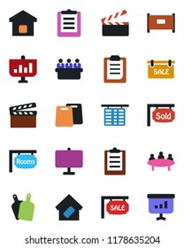 Color and black flat icon set - fence vector, flight table, meeting, clipboard, clapboard, presentation board, sale, rooms, sold signboard, smart home, cutting
