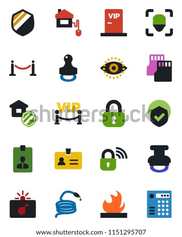 Color and black flat icon set - fence vector, bomb in case, identity, card, hose, shield, flammable, sd, face id, eye, stamp, lock, estate insurance, vip zone, home control, wireless, combination