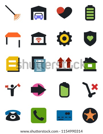 Color and black flat icon set - dispatcher vector, credit card, right arrow, gear, document, rake, house, heart shield, up side sign, no trolley, battery, call, garage, table, phone, gate control