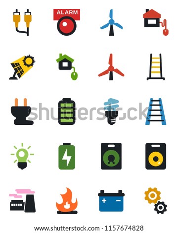 Color and black flat icon set - factory vector, ladder, fire, speaker, battery, rca, charge, windmill, home control, power plug, bulb, energy saving, sun panel, alarm led, gear