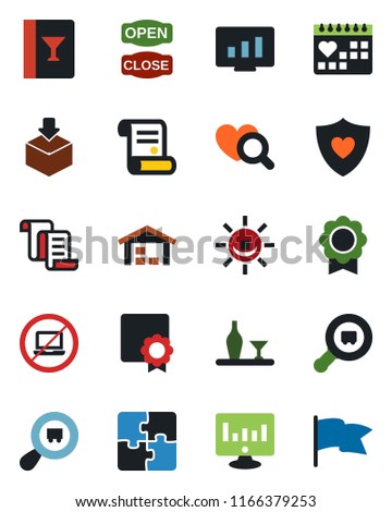 Color and black flat icon set - no laptop vector, contract, statistic monitor, heart diagnostic, shield, medical calendar, package, search cargo, application, sertificate, warehouse, alcohol, flag