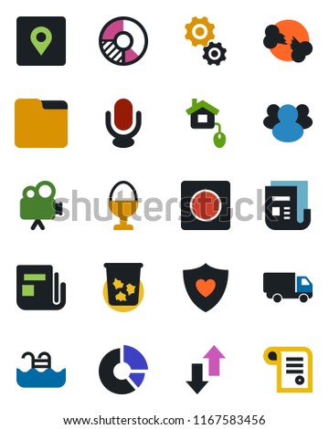 Color and black flat icon set - trash bin vector, circle chart, heart shield, broken bone, car delivery, news, video camera, microphone, group, record, folder, data exchange, place tag, pool, gear