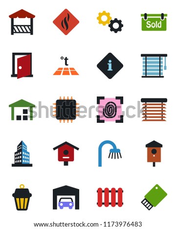 Color and black flat icon set - bird house vector, warehouse, office building, garage, sold signboard, bathroom, alcove, chip, fingerprint, gear, smoke detector, radiator, warm floor, outdoor lamp
