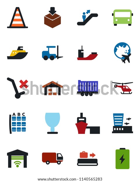 Color and black flat icon set - baggage conveyor\
vector, airport bus, escalator, fork loader, border cone,\
helicopter, seat map, plane globe, building, sea shipping, truck\
trailer, car delivery