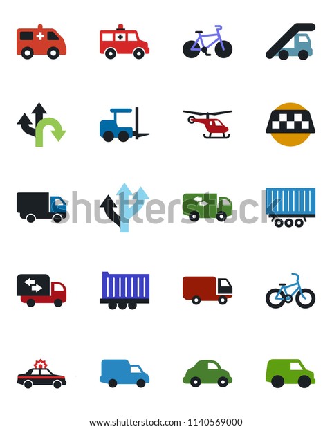 Color and black flat icon set - taxi\
vector, alarm car, fork loader, ladder, helicopter, ambulance,\
bike, route, truck trailer, delivery,\
moving