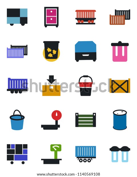 Color and black flat\
icon set - trash bin vector, bucket, railroad, truck trailer, cargo\
container, consolidated, package, oil barrel, heavy scales, archive\
box, water filter