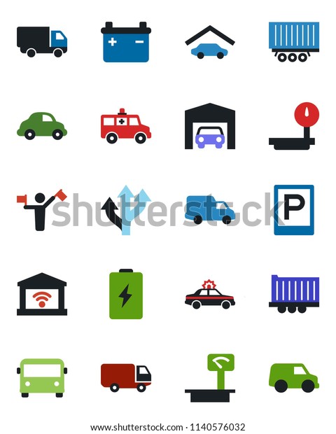 Color and black flat icon\
set - dispatcher vector, airport bus, parking, alarm car,\
ambulance, route, truck trailer, delivery, heavy scales, garage,\
gate control, battery